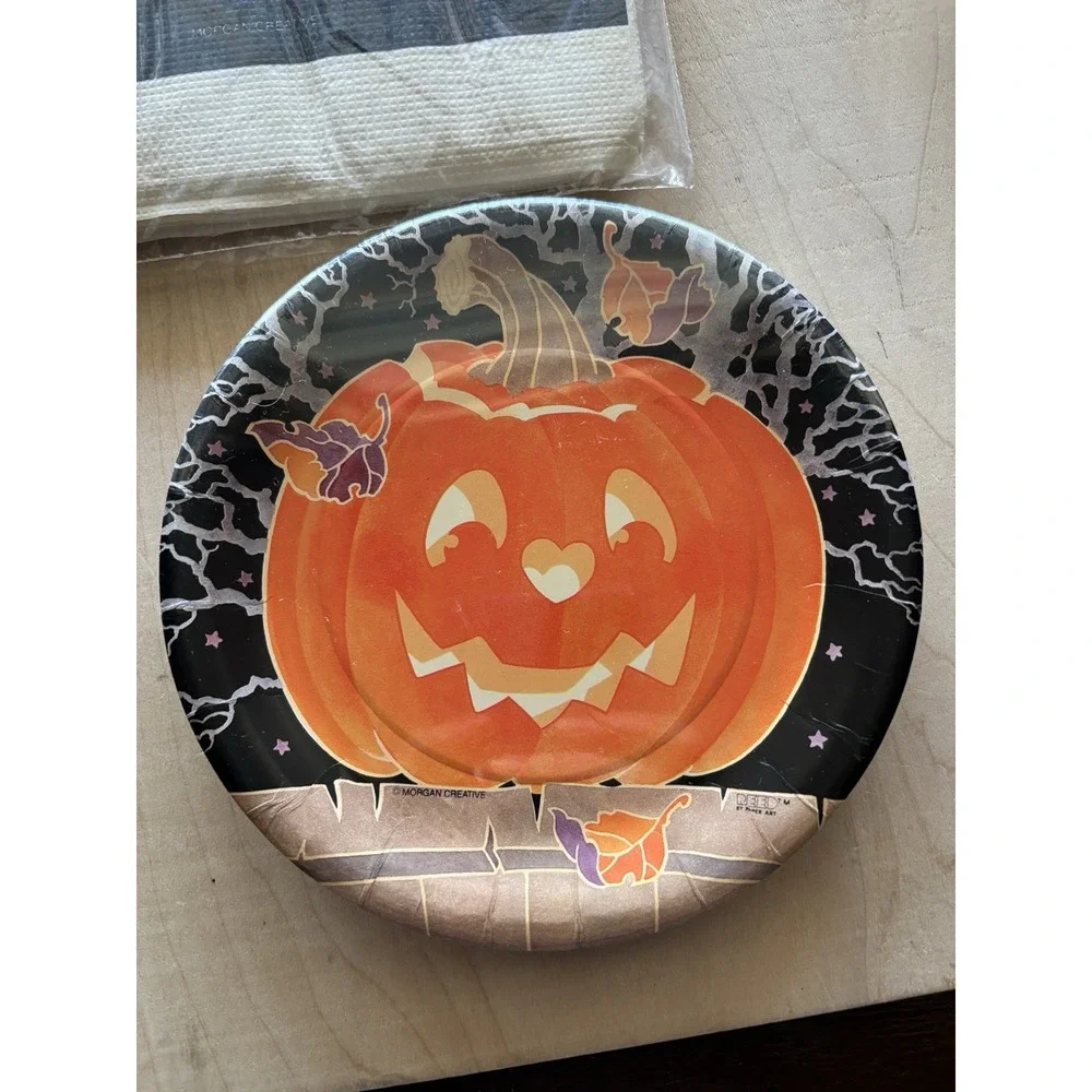 Vtg Halloween Party LOT of 5 CA Reed Black Kitten JOL Plates Tablecloth Cups